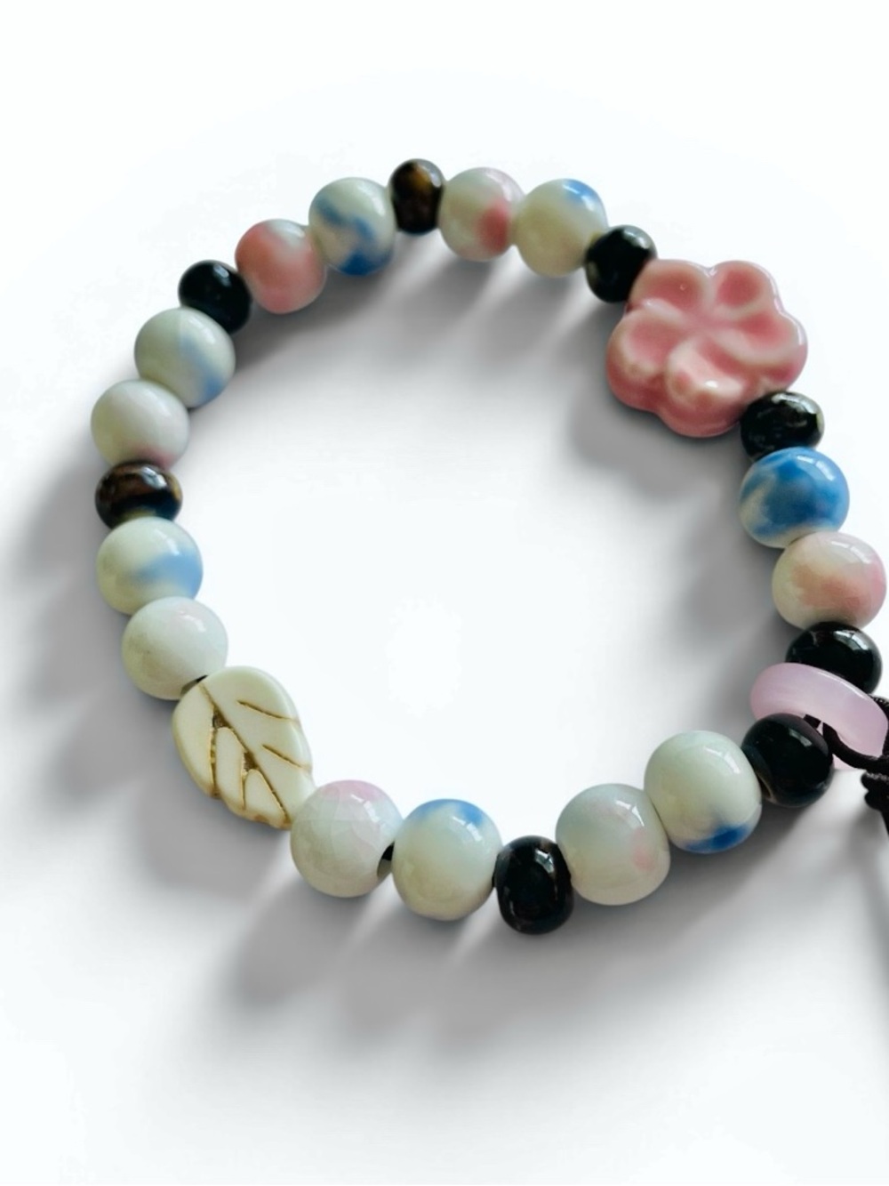 Pink Flower Bracelet Leaf Charm Marbled Blue White Beaded Stretchy